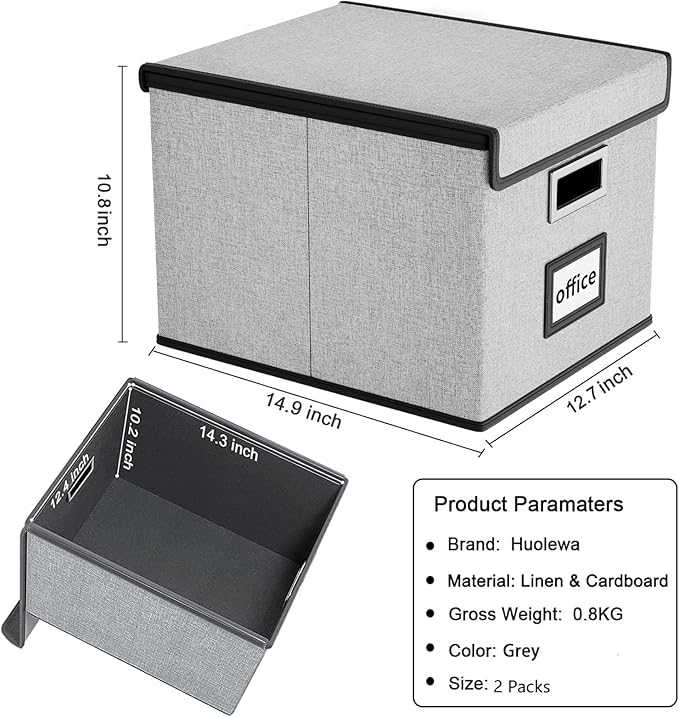 Huolewa Collapsible File Storage Organizer Boxes with Lids, Portable Large Linen Hanging Filing Storage Boxes, Decorative Home/Office Filling System for File and Folder Storage (Grey)-2 Pack