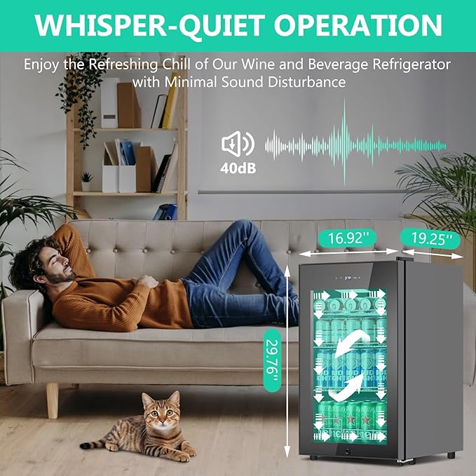 101 Cans Compressor Beverage Refrigerator, 17 Inch Drink Fridge with Glass Door, Adjustable Removable Shelves, Quiet Operation, Temp Memory, Beer Cooler for Soda, Beer, Water, Home Bar, Office