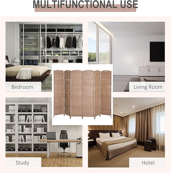 HOMCOM Room Divider, 6 Panel Folding Privacy Screen, 6FT Tall Portable Wicker Weave Partition Wall Divider for Bedroom, Home Office, Natural