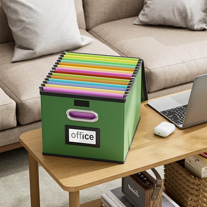 Huolewa Portable Leather File Organizer Storage Boxes, Collapsible File Folder Organizer Boxes with Lids, Document Organizer, Decorative Filing Box Cabinet for Letter/Legal File Folder Storage