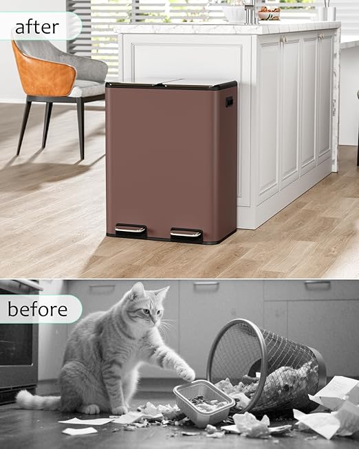 16 Gal (2 x 30 L) Dual Trash Can, Stainless Steel Kitchen Garbage Bin, Recycle Dustbin with Odor Control Box, Soft-Close Lid, Inner Buckets, Side Handle, Step Pedal, for Home Office