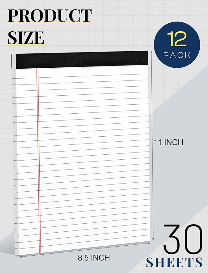12 Pack Note Pads 8.5 x 11 White Legal Pads 8.5 x 11 Wide Ruled Lined Writing Pads Legal Notepads Legal Ruled White Lined Paper Pads 8.5 x 11 Inch 30 Sheets Per Writing Pad for School, Office, Home