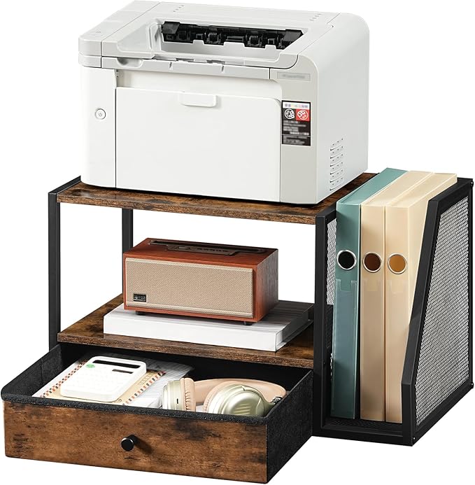Home Printer Stand for Desk, Desktop Printer Table with Storage Drawer and Side Book Stand, 2-Tier Printer Shelf, Desk Organizer for Home Office, Rustic Brown and Black PTHR3001