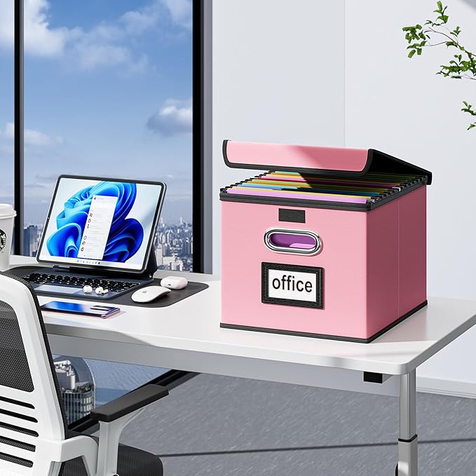 Huolewa Portable Leather File Organizer Storage Boxes, Collapsible File Folder Organizer Boxes with Lids, Document Organizer, Decorative Filing Box Cabinet for Letter/Legal File Folder Storage