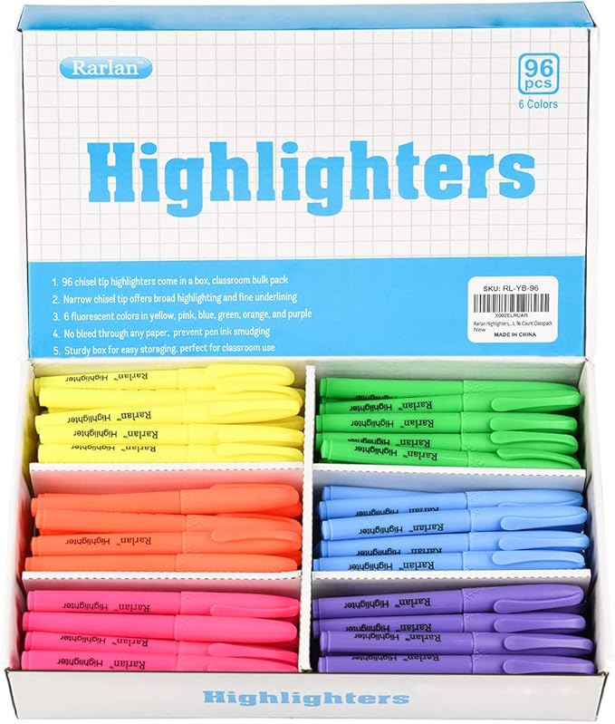 Highlighters, Chisel Tip, Assorted Fluorescent, 96 Count Bulk Pack