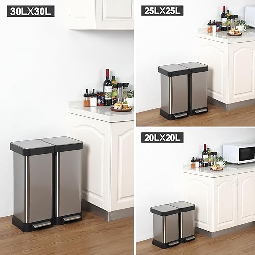 16 Gallon Dual Compartment Trash Can, 2 x 30L Fingerprint Resistant Stainless Steel Kitchen Garbage Can with 2 Soft-Close Lid & Foot Pedal for Kitchen Office Bathroom, Without Inner Bucket