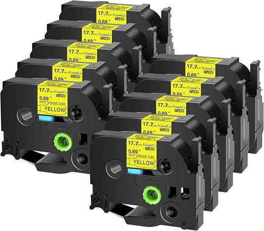 10PK Compatible for Ptouch HSe-641 HSe641 HS-641 HS641 Black on Yellow 17.7mm 0.69'' Heat Shrink Tubing for Wire Cable for PT9200dx PT9400 PT9500pc PT9600 Label Maker Tape