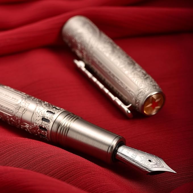 Hongdian 100 Silver Steel Piston Fountain Pen, Iridium Fine Nib Calligraphy, Smooth Writing Pens, Nice Writing Pen for Men & Women