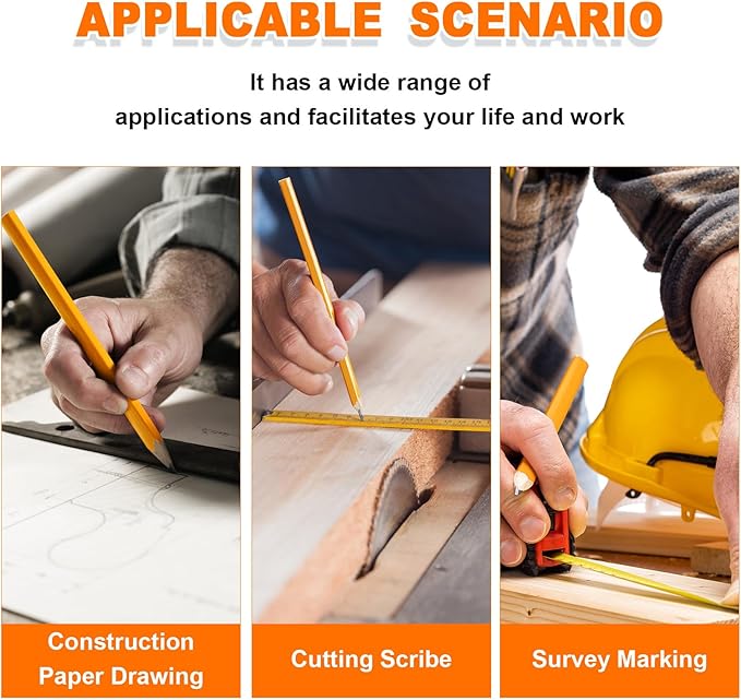 Honoson 200 Pcs Flat Construction Pencils with Printed Ruler Wood Graphite 2 Pcs Carpenter Pencil Sharpener for Woodworking Marking Tool(Wood)