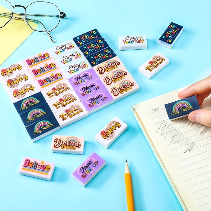 100 Pcs Inspirational Pencil Erasers Bulk for Kids Fun Motivational Eraser School Supplies Back to School Office Supplies for Classroom Office Teacher Artists (Boho)