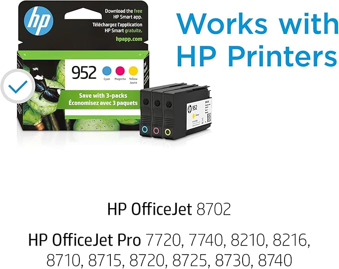 HP 952 Cyan, Magenta, Yellow Ink Cartridges (3-pack) | Works with Printer Series: OfficeJet 8702, HP OfficeJet Pro 7720, 7740, 8210, 8710, 8720, 8730, 8740 | Eligible for Instant Ink | N9K27AN