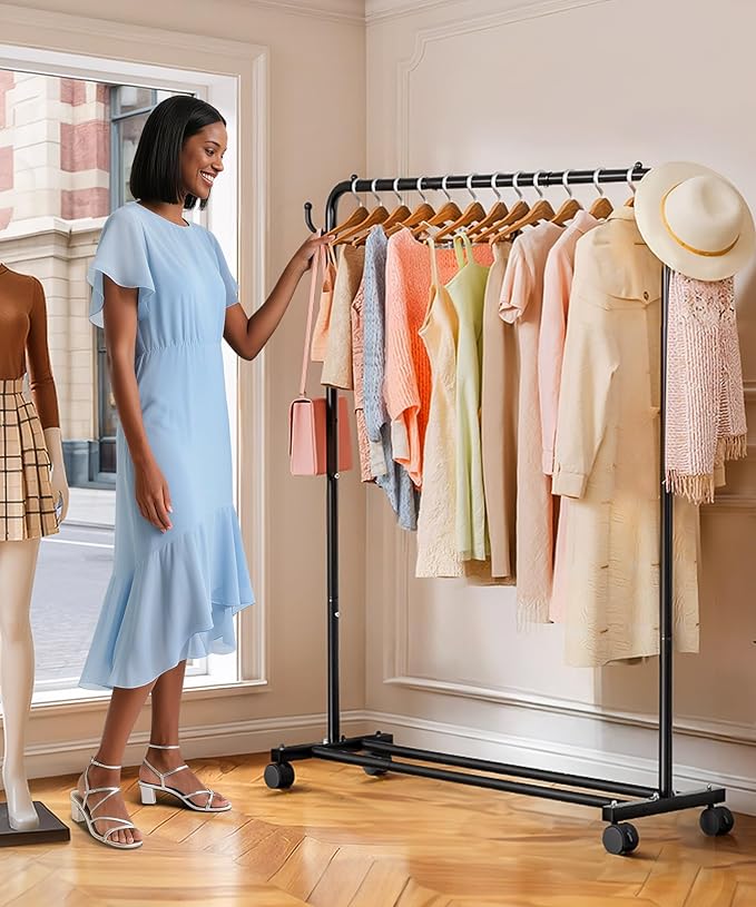 Homde Heavy Duty Clothes Rack: 120lb Standing Garment Storage for Indoor - Rolling Hanging Rod for Bedroom Laundry Room - Coat Dress Organizer on Wheels with luggage shelf (Black，46")