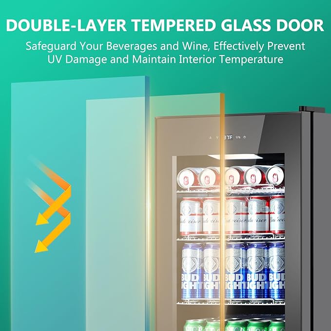 101 Cans Compressor Beverage Refrigerator, 17 Inch Drink Fridge with Glass Door, Adjustable Removable Shelves, Quiet Operation, Temp Memory, Beer Cooler for Soda, Beer, Water, Home Bar, Office