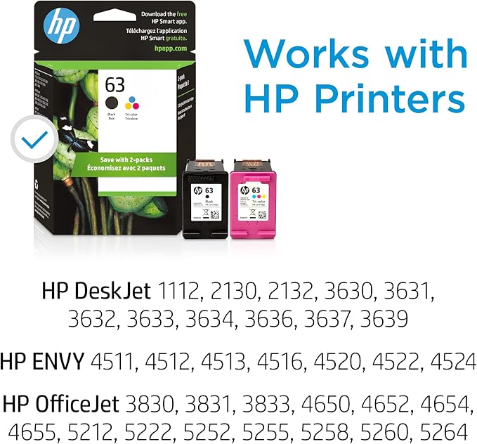 HP 63 Black/Tri-color Ink (2-pack) | Works with HP DeskJet 1112, 2130, 3630 Series; ENVY 4510, 4520 Series; OfficeJet 3830, 4650, 5200 Series | Eligible for Instant Ink | L0R46AN