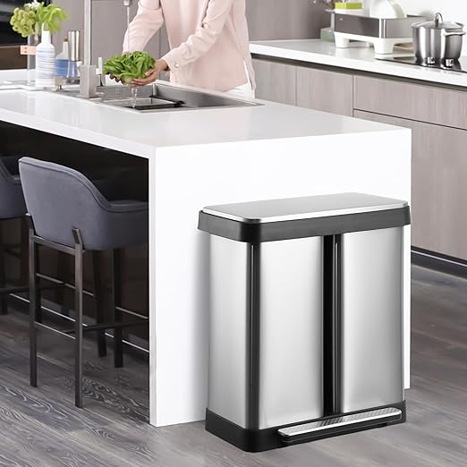 16 Gallon Dual Trash Can, 2 X 30 L Stainless Steel Two Compartment Garbage Can with Soft-Close Lid, Recycle Bin with 2 Removable Inner Buckets and Foot Pedal for Kitchen Home Office