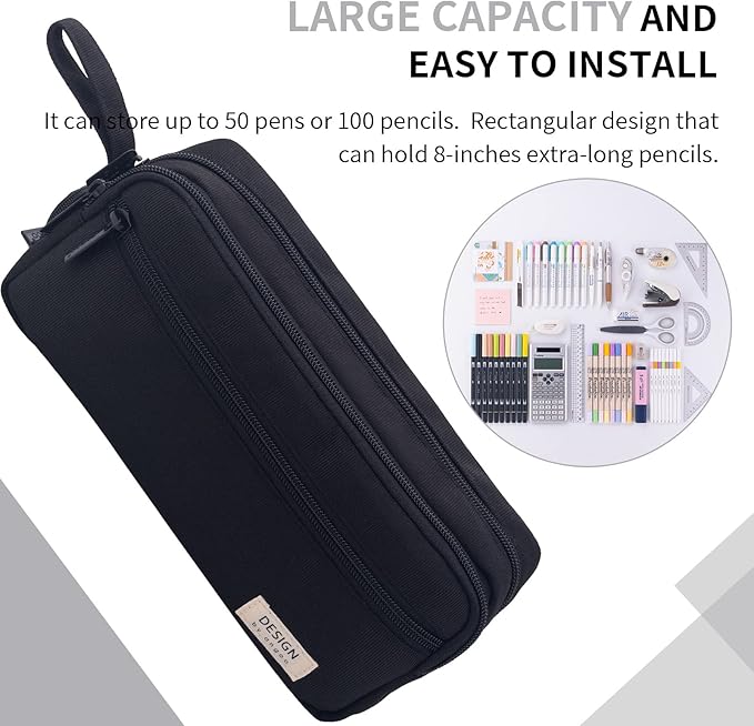 HVOMO Large Pencil Case High Capacity Holder Box Storage bag Desk Organizer Marker Pouch Pen For Middle School Office College Adult Girl and Boy(Black)