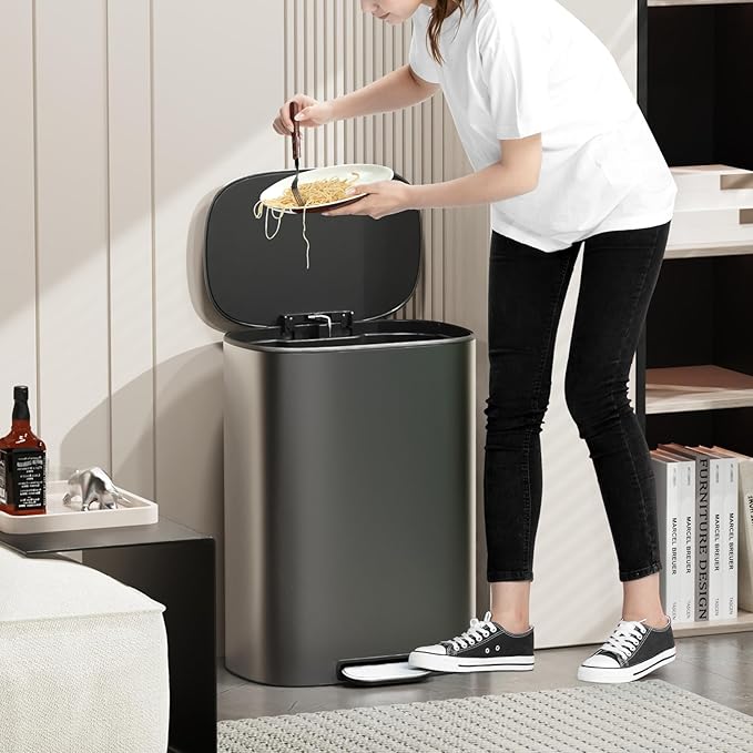 13 Gallon Stainless Steel Foot Pedal Large Trash Can with Soft Close Quiet Lid, Stainless Steel Thickened Body Oval Garbage Can with 30 Garbage Bags for Kitchen/Home/Office and More - Silver Gray