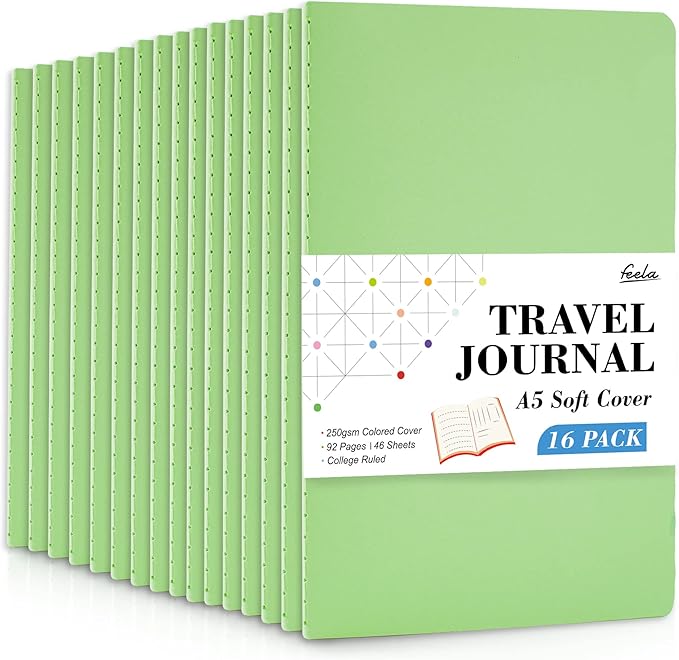 16 Pack Soft Cover Journal Bulk, Feela Lined Notebooks College Ruled for Work for Women Girl Writing, Blank Travel Journal Note Taking Notebook School Business Supplies, 8.2” x 5.5”, A5, Light Green