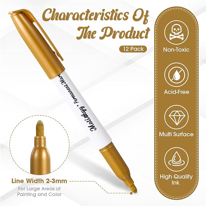 12 Pcs Metallic Permanent Markers Bulk Gold Silver Pens Fine Point Metallic Paint Markers for DIY Crafts, Gift Card Making, Artist Illustration (Gold)