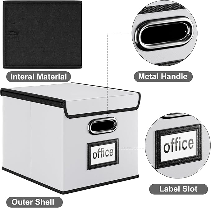 Huolewa Portable Leather File Organizer Boxes with Lids, Office Document Boxes Organizer, Filing Boxes, Decorative Small File Boxes for Hanging Files, File Cabinet for Office/Home - 4 Pack