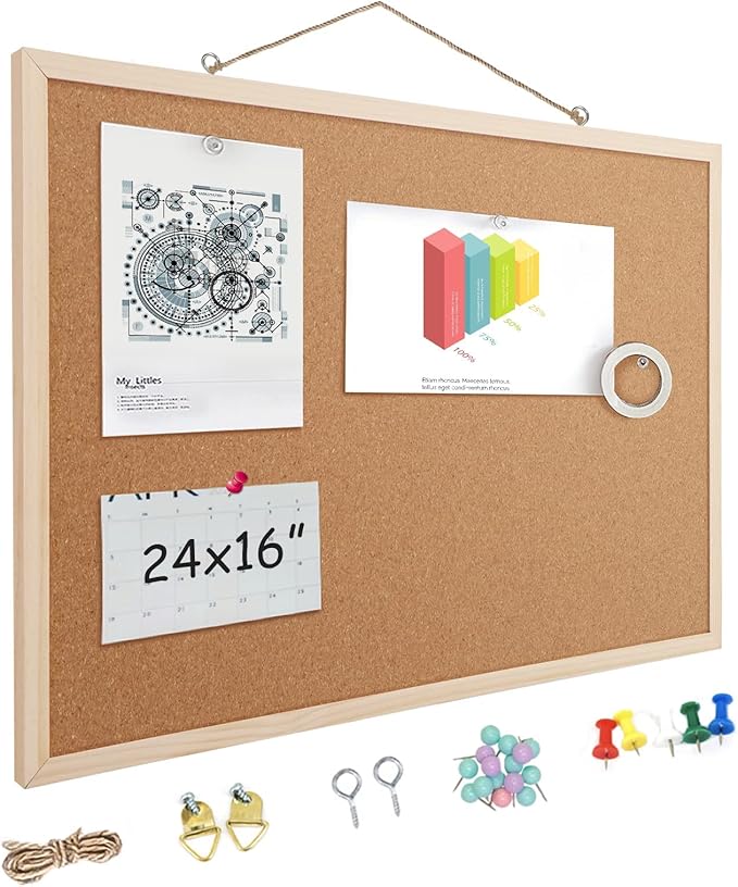 16” x 24” Cork Boards for Walls with Wooden Frame 1pack, Double Sided Office Board for Wall Organizer, Bulletins Board Decorative Hanging Pin Board for School, Home & Office, Notice Board Memo Board