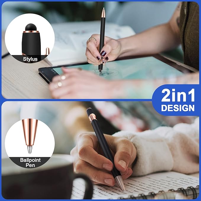 12 Pieces Ballpoint Pen with Stylus Tip, 1.0 mm Black Ink Metal Pen Stylus Pen for Touch Screens, 2 in 1 Stylus Ballpoint Pen (Black and Rose Gold)