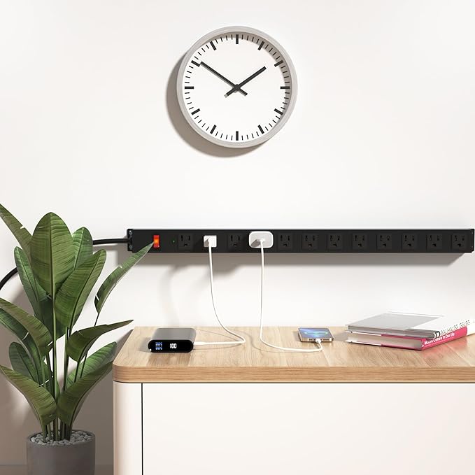 12 Outlet Long Power Strip Surge Protector with 2100 Joules, 3FT Power Cord, Wide Spaced Outlet Power Bar, Overload Protection Switch, Industrial Heavy Duty for Work Bench, Shop, Garage (Black)