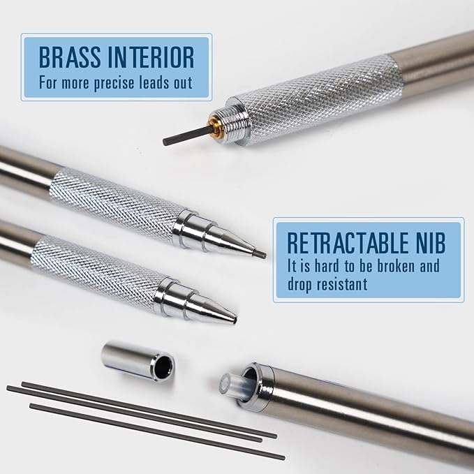 1.3 mm Mechanical Pencil Set with 4 Tubes Lead Refills,2 Eraser,1.3mm Mechanical Pencils,Metal Drafting Pencil, Lead Holder,Drawing Mechanical Pencils,Carpenter Pencils for Marking, Sketching