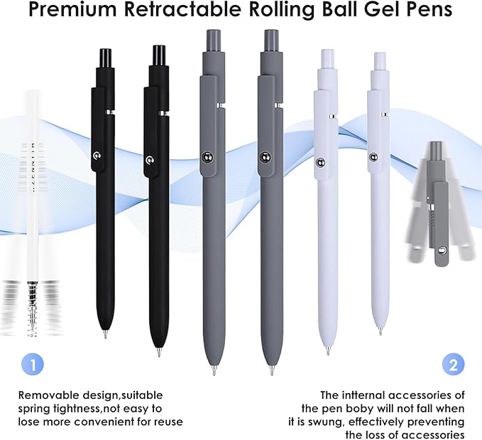 12PCS Gel Pens Black Ink Fine Point Pens With Smooth Writing, School Office Supplies, Anniversary Birthday Gifts for Men Women, Quick Dry Pens For Journaling, Nurse Aesthetic Pen (Black Gray White)