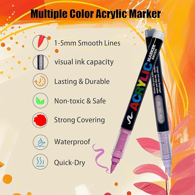 120 Colors Acrylic Paint Markers Set, Soft Brush Tip Pens for Rock, Wood, Canvas, Glass, Ceramic, Fabric, DIY Craft Projects – Waterproof, Quick-Dry, Vibrant Ink for Artists & Beginners