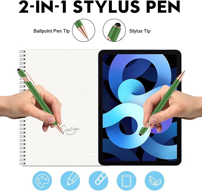 12 PCS 2 in 1 Stylus Ballpoint Pen with Stylus Tip, 1.0 mm Black Ink Metal Pen Stylus Pen for Touch Screens (Light Green)