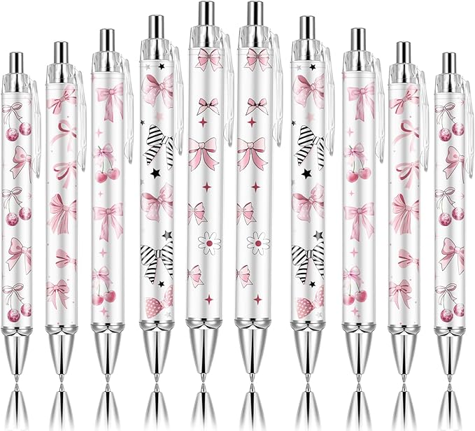 10Pcs Cute Pink Bow Pens Coquette Bow Ballpoint Pens Retractable Ballpoint Pens for Writing Journal Taking Notes School Office Home (Bow, 10)