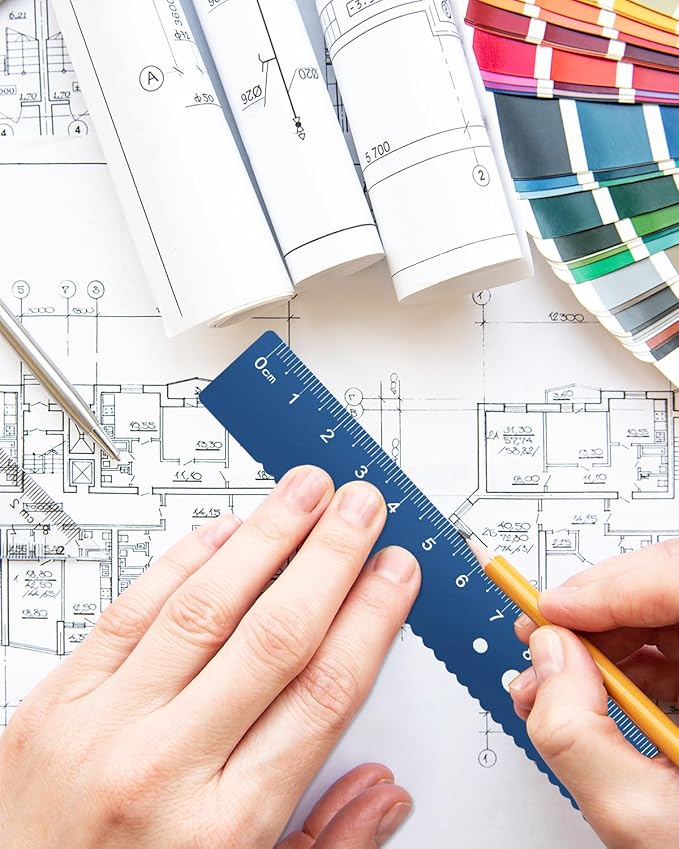 Honagu Triangular Ruler Set, 8 Pieces/2 Sets Aluminum Alloy Ruler, Metal Drafting Ruler, Geometric Protractor for Students, Draftsmen, Engineers, School Office Supplies (Blue+Black)