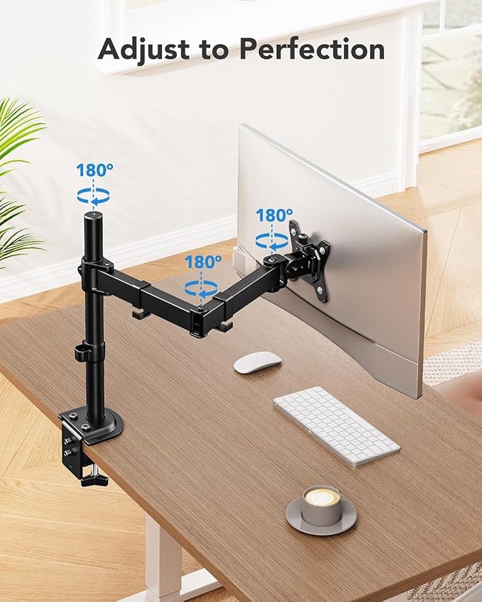HUANUO Single Monitor Mount, Monitor Arm for 13”-32” Monitors up to 17.6 lbs, Adjustable Stand with 16” Max Height, Desk Mount with C-Clamp and Grommet Base, VESA 75x75mm or 100x100mm