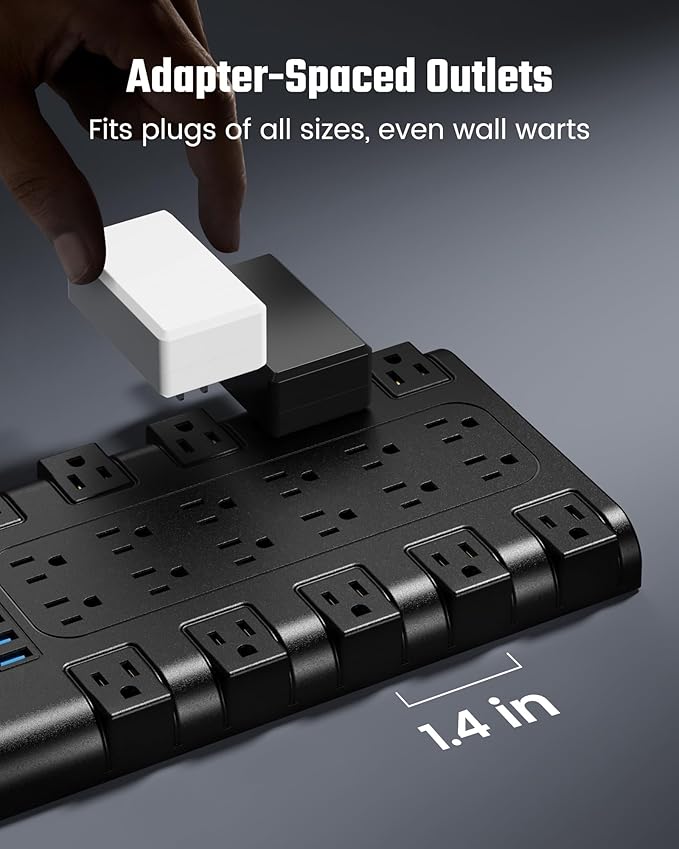 10Ft Power Strip Surge Protector, SUPERDANNY Charging Station 22 Outlets with 45W Type-C Fast Charging USB Ports, 4 USB-A, 2 USB-C, 2100J, 15A/1875W, Flat Plug Extension Cord for Home Office Black