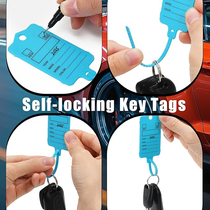 100 Car Key Tags with Labels Plastic Car Dealership Key Tags Self Locking Automotive Identifiers Blank Shop Labels with One Pen (Blue)