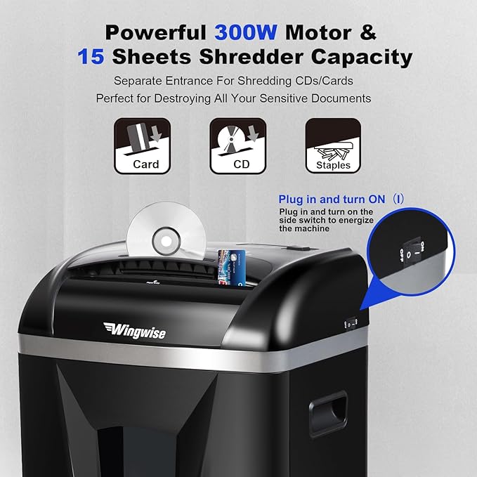 15-Sheet Paper Shredder with 58dB Quiet Operation, P4 Cross-Cut Security for Home Office, 15-Minute Run Time & 5.8-Gallon Bin – Shreds Credit Cards & CDs