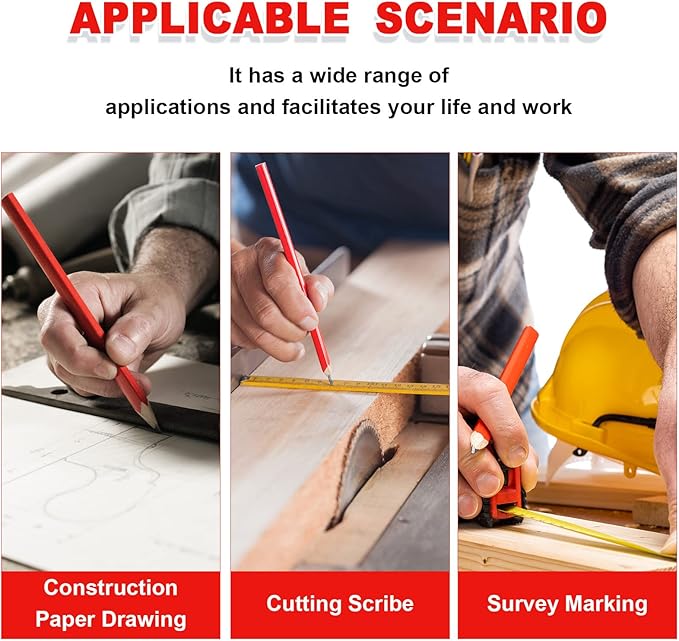 Honoson 200 Pcs Flat Construction Pencils with Printed Ruler Wood Graphite 2 Pcs Carpenter Pencil Sharpener for Woodworking Marking Tool(Red)