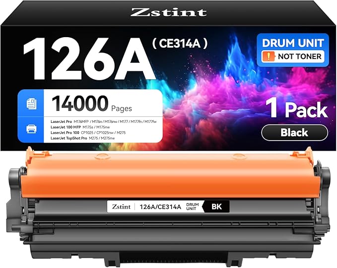 126A/CE314A Drum Unit Black 1-Pack High Yield Replacement for HP 126A CE314A Imaging Drum Compatible with HP Color Laser Jet 100 MFP M175nw M175a M176nw M177fn M177fw M275nw CP1025 CP1025nw Printer