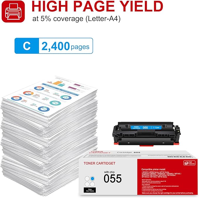 1 Pack 055 3015C001 Cyan Toner Cartridge: Compatible CRG-055 Replacement for Canon i-SENSYS LBP660 MF740 Series ImageClass LBP660C LBP664Cdw LBP664Cx MF740C MF741Cdw MF743Cdw MF746Cdw Series Printer