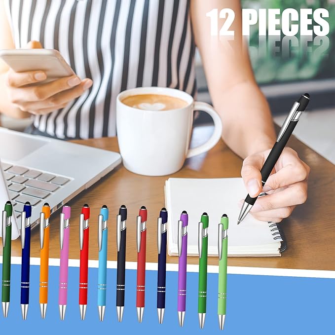 12 Pcs Blue Ink Ballpoint Pen with Stylus Tip, 1.0 mm Metal Pen Stylus Pen for Touch Screens, 2 in 1 Thank You Pen Gift for Friends, Colleagues, Coworker, Office, Family(Rainbow)