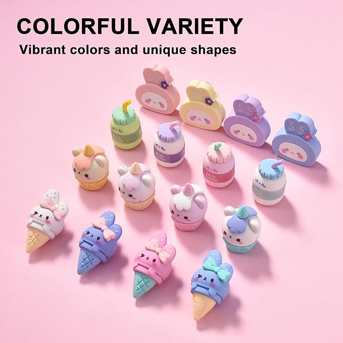 16Pcs Cute Ice Cream Shaped Erasers for Kids, Fun Food Eraser for School Classroom Rewards Party Favors