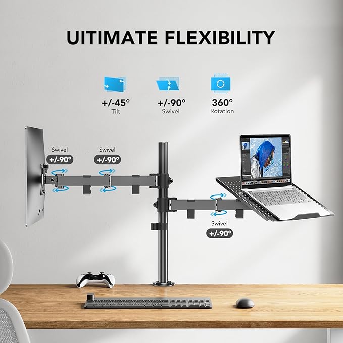 HUANUO Adjustable Monitor Stand, Single Arm Desk Mount for 32 inch Screen and 17 inch Laptop, Heavy Duty Ergonomic Bracket Holds 22lbs