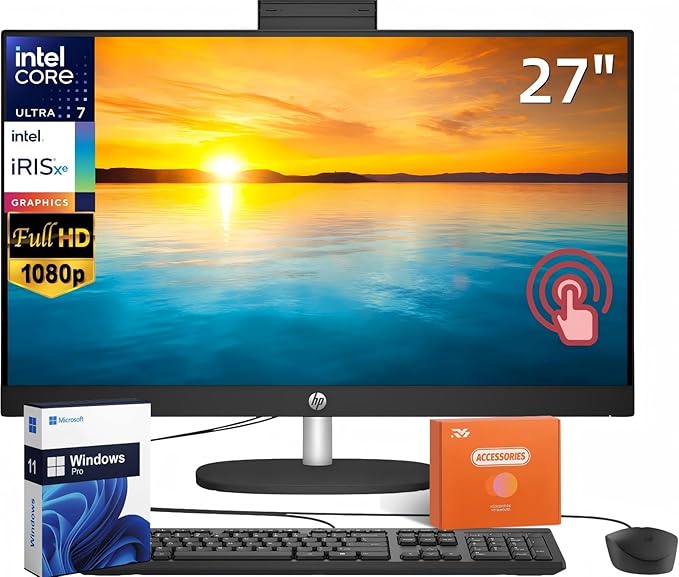 HP 27" FHD Touchscreen Business All-in-One Desktop Computer, Intel 12-Core Ultra 7 155U (Beats i7-1355U), 64 GB DDR5 RAM, 1 TB SSD, Intel Iris Xe Graphics, Wired KB & Mouse, Wi-Fi 6, Windows 11 Pro