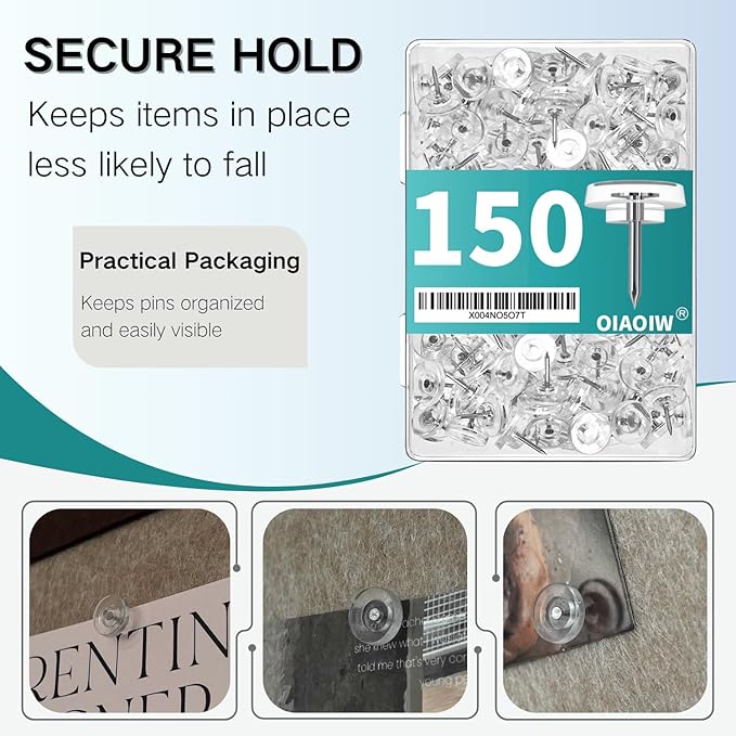 150 PCS Flat Clear Short Push Pins for Wall Thumb Tacks for Walls Flat thumbtacks Push pin for Bulletin Board Shadow Box Display Thumbtack for Cork Board