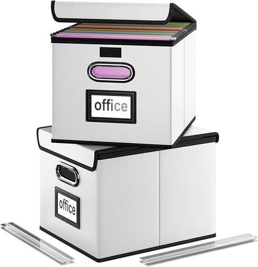 Huolewa Portable Leather File Organizer Boxes with Lids, Collapsible File Folder Organizer Boxes, Decorative Small Filing File Cabinet for Home/Office, Easily Store Documents/Hanging File Folders