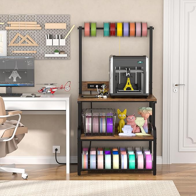 Homieasy Printer Stand with Charging Station, 29.1" x 22.8" Large 3D Printer Table with Filament Storage, Heavy Duty Rolling Printer Cart with 4-Tier Storage for Workshop/Office/Garage, Rustic Brown