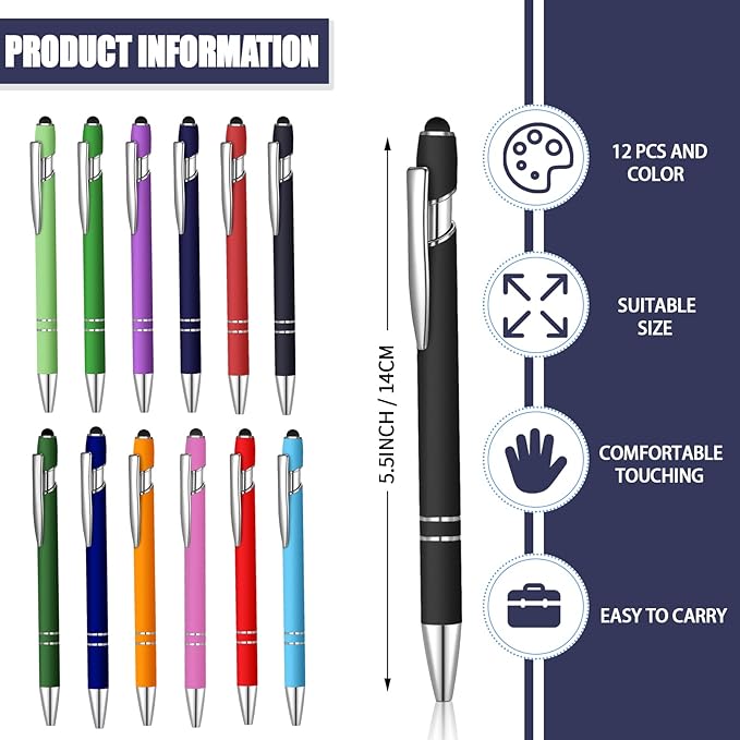 12 Pcs Blue Ink Ballpoint Pen with Stylus Tip, 1.0 mm Metal Pen Stylus Pen for Touch Screens, 2 in 1 Thank You Pen Gift for Friends, Colleagues, Coworker, Office, Family(Rainbow)