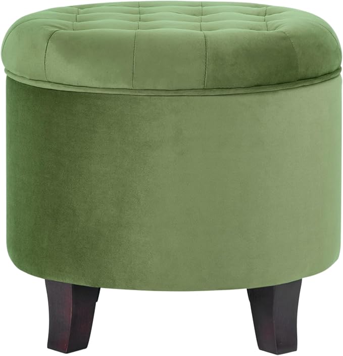 HomePop by Kinfine Fabric Upholstered Round Storage Ottoman - Velvet Button Tufted Ottoman with Removable Lid, Dark Green Small