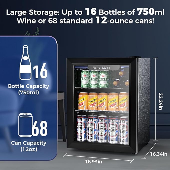 1.7 Cu.ft Beverage Refrigerator Cooler, 68 Can Mini Fridge Glass Door with Adjustable Shelves, Digital Temperature Display, Freestanding Small Drink Fridge for Home, Office or Bar(Black)